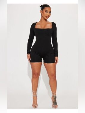 Fashion Nova Black Long Sleeve Square Neck Bodysuit Romper